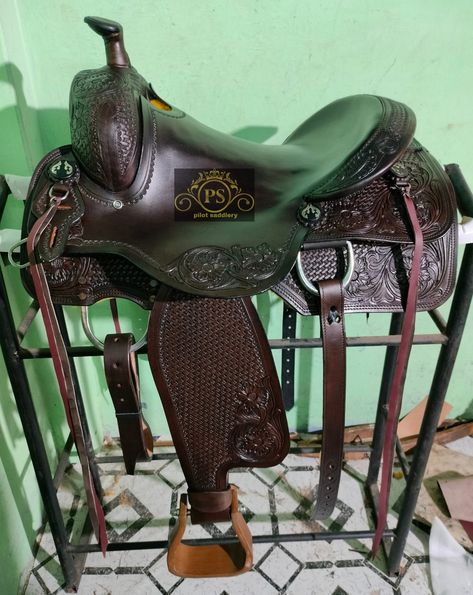 "Free Matching Headstall, Reins, Breastplate & Back Cinch >Our aim is to satisfy the customer by providing the right size and good quality leather saddle. Fast Shipping and 100% Safe Delivery.  This saddle features a beautiful premium leather with a classic hand carved fern leaf and weave tooling. It also features numerous ties with silver conchos for easy accessory attachment, and padded ergonomic stirrups for optimum rider comfort. This saddle also features our new high-tech close contact skir Custom Saddle, Leather Working Patterns, Fern Leaf, Wood Tree, Horse Saddles, Quilt Stitching, Western Leather, Horse Rider, Seat Pads