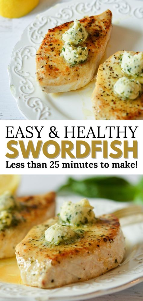 swordfish with lemon basil butter Lemon Basil Butter, Grilled Swordfish Steaks, Baked Swordfish, Basil Butter, Swordfish Steak, Grilled Swordfish, Swordfish Recipes, Lemon Basil, Fish Dinner