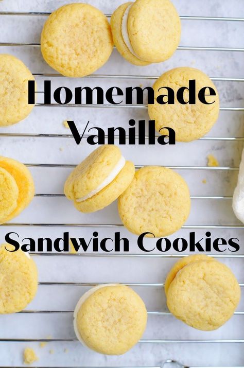 This contains an image of: {{ pinTitle }} Cookie Sandwich Recipes, Sandwich Cookie, Homemade Sandwich, Homemade Dessert, Cookie Recipe Ideas, Homemade Frosting, Vanilla Buttercream Frosting, Cream Filling, Cookie Calories