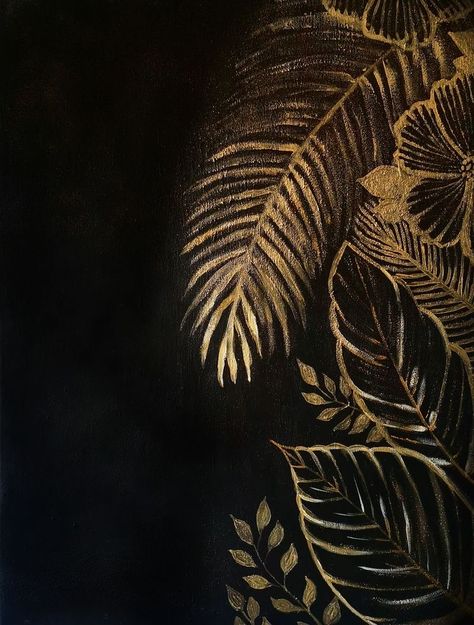 Golden Leaves Painting, Gold Leaves Art, Metallic Acrylic Painting Ideas, Golden Art Painting, Black Background Painting Acrylic, Golden Acrylic Painting, Golden Leaves Wallpaper, Painting Ideas Easy Aesthetic, Art Nouveau Interior Design