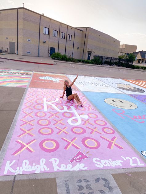 xoxo preppy art senior parking spot painting pink everything gold pink senior 2022 parking lot Hs Parking Spot Ideas, Girly Parking Spot Painting, Preppy Parking Spot Ideas, Parking Spot Ideas High School, Preppy Parking Spot, Preppy Senior Parking Spot, Sophomore Shirts, Senior Year Parking Spot Ideas, Cute Parking Spot Paintings