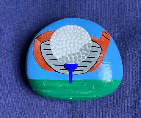 Golf Paintings On Canvas, Golf Rock Painting, Painted Rocks Golf Theme, Golf Painting Ideas, Golf Painting Easy, Blue And Green Background, Golf Painting, Front Porch Garden, Parking Spot Painting