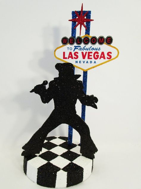 Las Vegas Elvis Themed Centerpiece – Designs by Ginny Las Vegas Centerpiece Ideas, Elvis Centerpieces, Elvis Party Ideas Decoration, Viva Las Vegas Party Theme, Elvis Themed Party, Grad Themes, Viva Las Vegas Elvis, Elvis Vegas, Elvis Birthday Party