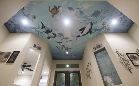 Nautical Mural Ideas, Underwater Ceiling, Ceiling Mural Ideas, Orca Mural, Underwater Room, Ocean Mural, Gold Dining Room, Ocean Room, Mural Artist