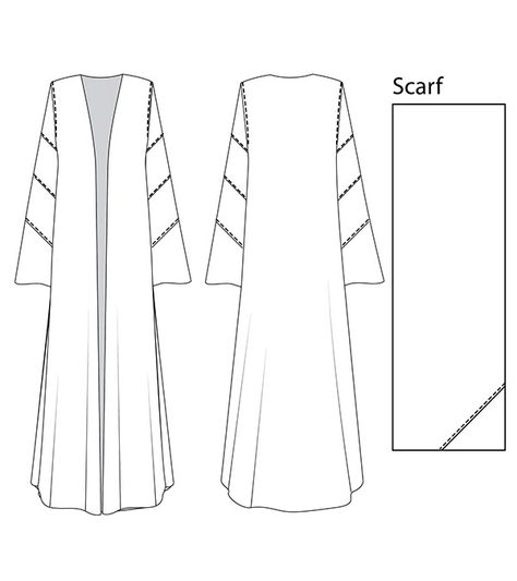 JUMP Abaya Technical Drawing, Abaya Designs Sketch, Abaya Template, Sew Abaya, Abaya Sketch Design, Hijab Designs Pattern, Sewing Abaya, Abaya Sewing Pattern, Patron Abaya