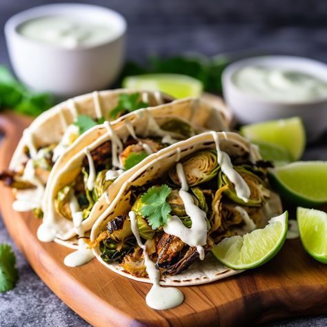 Get your taste buds ready for a spicy and satisfying twist on tacos with these crispy brussels sprouts. Generously drizzled with a spicy lime aioli and served in a warm tortilla, this unique taco recipe is sure to impress! #food #recipe #brusselssprouts #tacos #onestoprecipe #easycooking #flavorpacked #weeknightdinner #spicylimeaioli #sourcream #greenonions #freshcilantro #radishes #tacotuesday Vegan Crispy Tacos, Brussels Sprout Tacos, Brussels Sprouts Tacos, Unique Taco Recipes, Brussel Sprout Tacos, Crispy Tofu Tacos Recipes, Vegan Crunchy Tacos, Unique Tacos, Sides For Tacos