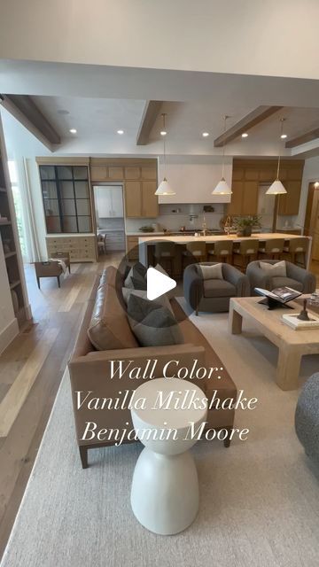 Remedy Design Firm on Instagram: "We’ve been getting so many questions about the paint colors used in our Parade Home from 2023! Vanilla Milkshake from @benjaminmoore is one of our all time favorites. We love pairing it with Egret White trim from @sherwinwilliams. Save this post to remember paint colors for an upcoming my project. 

Builder: @rcdentcustomhomes 
Architect: @jewkeshomedesign 
Design: @remedydesignfirm 
Furniture & Accessories: @elementsbyremedy 

#maplecrossingshome #maplecrossingsproject #uvparade2023 #paintcolors #interiordesign #wallcolor #interiordesigninspiration #kitchendesign #greatroomdesign" Vanilla Milkshake, Tiny Cabin, House Wall, Home Construction, Wall Color, House Inspo, Design Firms, Furniture Accessories, Interior Design Inspiration