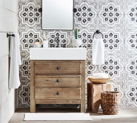 Bathroom: Ideas, Inspiration, Furniture & Decor | Pottery Barn Pottery Barn Bathroom Vanity, Pottery Barn Vanity, Pottery Barn Bathroom, Bathrooms Tiles, Powder Room Renovation, Barn Bathroom, Beadboard Wallpaper, Summer Bed, Spa Bathroom