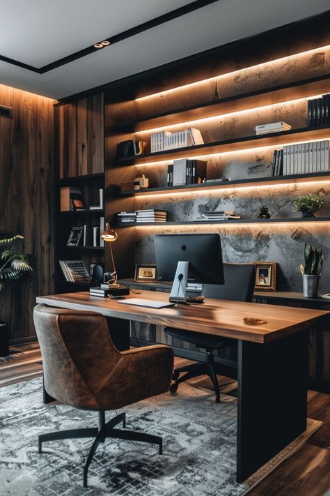 Modern home office with a minimalist wooden desk, leather chair, and backlit shelves filled with books and decor. Home Office Nook Ideas, Office Nook Ideas, Private Office Design, Home Office Nook, Tech Home Office, Office Room Design, Cool Home Office, Home Office For Man, Minimalist Home Office