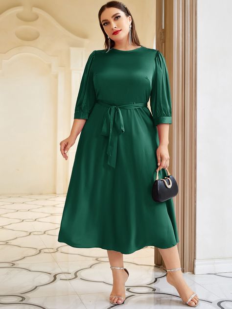 Dark Green Elegant Three Quarter Length Sleeve Polyester Plain A Line Embellished Non-Stretch Spring/Fall Plus Size Dresses Plus Size Dresses Emerald Green, Material Dress Design, Three Quarter Gown Styles, Green Plus Size Dress, Mid-length Green Dress For Fall, Green Mid-length Fall Dress, Green Christmas Dress Plus Size, Luxury Green Puff Sleeve Dress For Women, Plus Size Puff Sleeve Green Dress