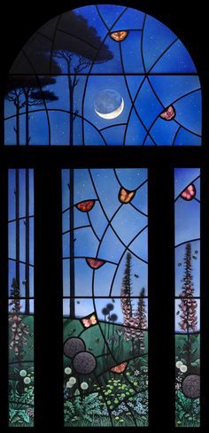 Beautiful night time scene stained glass | Artist unknown The Night Garden, Art Glass Jewelry, زجاج ملون, Stained Glass Door, Tiffany Stained Glass, Night Garden, Art Stained, Stained Glass Panel, Glasgow Scotland