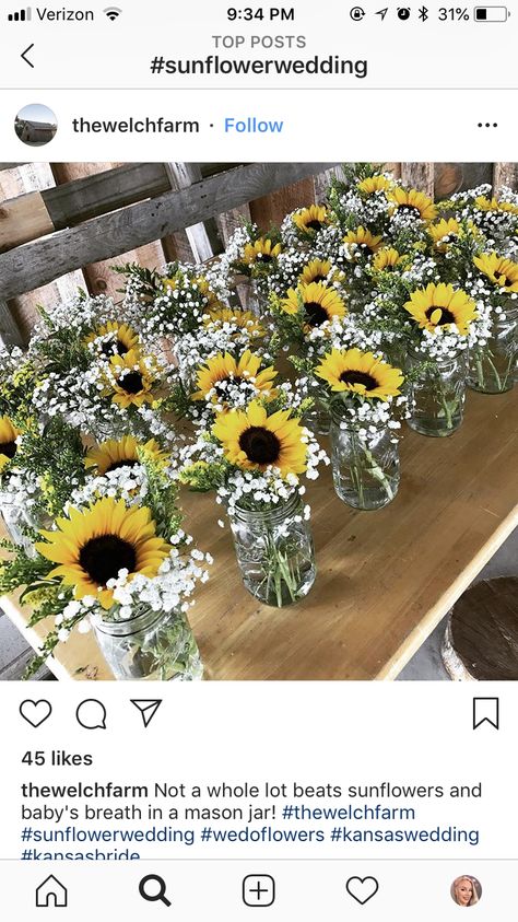 Mason Jar Sunflower Centerpieces Rustic, Picnic Table Centerpieces Wedding, Sunflower Mason Jar Wedding Centerpieces, Sunflower Jar Centerpieces, Sunflowers In Mason Jars, Mason Jar Centerpieces Sunflowers, Easy Sunflower Centerpieces, Sunflower Centerpieces In Mason Jars, Bbq Centerpiece Ideas