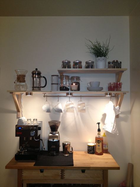 Home Espresso Bar, Coffee Bar Setup, Espresso Station, Fill A Blank Wall, Bar Shelving, Diy Coffee Station, Brew Bar, Coffee Bar Station, Coffee Bar Ideas