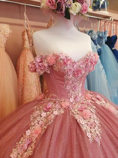 Strawberry Quince Dress, Coral Quince Dress, Pink Floral Quince Dress, Enchanted Forest Theme Quinceanera Dress Pink, Royal Pink Quinceanera Dresses, Sleeping Beauty Quinceanera Theme Dress, Dark Pink Quince Dress, Pink Quince Dress With Flowers, Aurora Sleeping Beauty Quinceanera Theme