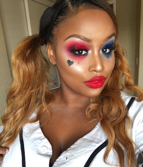 Black Harley Quinn, Harley Costume, Girl Halloween Makeup, Harley Quinn Makeup, Harley Quinn Halloween, Trendy Eyeshadow, Cute Halloween Makeup, Sugarpill Cosmetics, Harley Quinn Costume