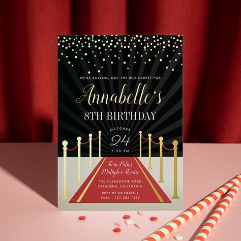 Red Carpet Party Invitations, Movie Night Birthday, Night Birthday Party, Red Carpet Theme, Movie Night Birthday Party, Red Carpet Party, Hollywood Red Carpet, Gold Foil Invitation, Girl Birthday Party Invitations