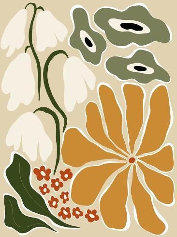 size: 12x9in Photographic Print: Classic mid Century Florals by Miho Art Studio : Mid Century Pattern Design, Mid Century Botanical Art, Mid Century Art Print, Abstract Flower Print, Mid Century Shapes, Earthy Prints, Fall Botanicals, Organic Shapes Art, Appliqué Work