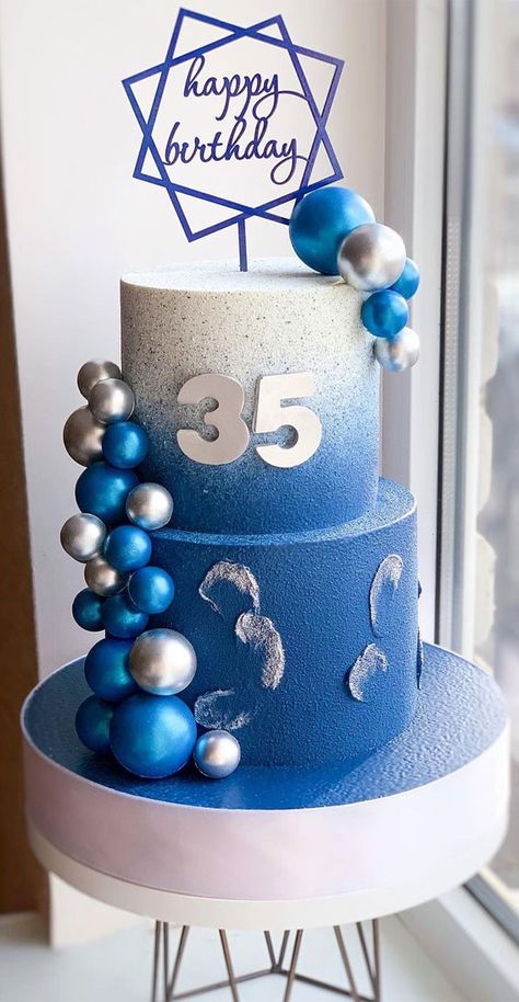 blue ombre cake, 35 year old birthday cake, birthday cake, cake ideas 2021 Blue Birthday Cakes 2 Tier, 35 Th Birthday Ideas For Men, Old Man Cake Ideas, Blue Cake Ideas Birthday Men, Blue Cake 2 Tier, Blue And White Cake For Men, Two Tier Cake For Men, 2 Tier Birthday Cake Boy, 35 Birthday Cake For Men