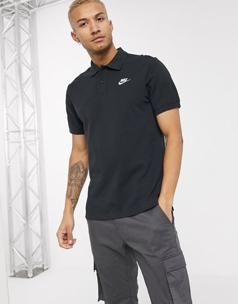 Nike Club Essentials polo shirt in black | ASOS Nike Polo Shirt Men, Nike Polo Shirt, Nike Polo Shirts, Nike Casual, Nike Swoosh Logo, Nike Polo, Polo Collar, Mens Polo Shirts, Shirt Men