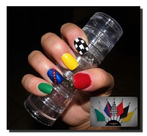 Indy 500 Race Flag Nails! Indy Nails, Race Flag Nails, Drag Racing Nail Designs, Race Nails Designs Checkered Flag, Indy 500 Nails, Race Day Nails, Checkered Flag Nails, Race Nails, Nascar Nails