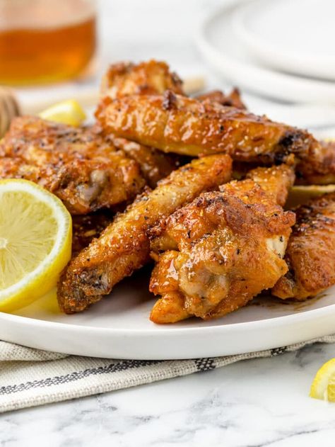 Honey Lemon Pepper Wings - Entirely Elizabeth Lemon Pepper Wings Air Fryer, Crispy Lemon Pepper Wings, Honey Lemon Pepper Wings, Honey Sauce Recipe, Lemon Pepper Chicken Wings Recipe, Wings Air Fryer, Baked Lemon Pepper Chicken, Pepper Chicken Wings, Chicken Wing Recipes Fried