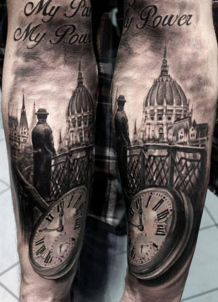 Realism Tattoo by Proki Tattoo - http://worldtattoosgallery.com/realism-tattoo-by-proki-tattoo-5/ Hungary Tattoo, Landscape Tattoo, World Tattoo, Architecture Tattoo, Realism Tattoo, Tattoos Gallery, Great Tattoos, Forearm Tattoos, Skin Art