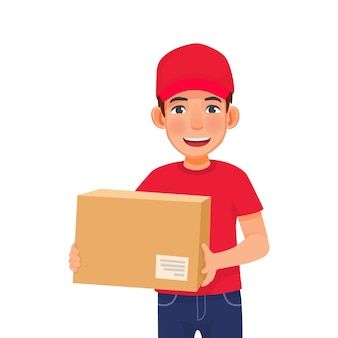 Premium Vector | Young delivery service man in red cap t-shirt uniform holding box parcel showing ok hand gesture T Shirt Uniform, Red Cap, Delivery Man, Delivery Service, Premium Vector, Mario Characters, Disney Characters, Red, Fictional Characters