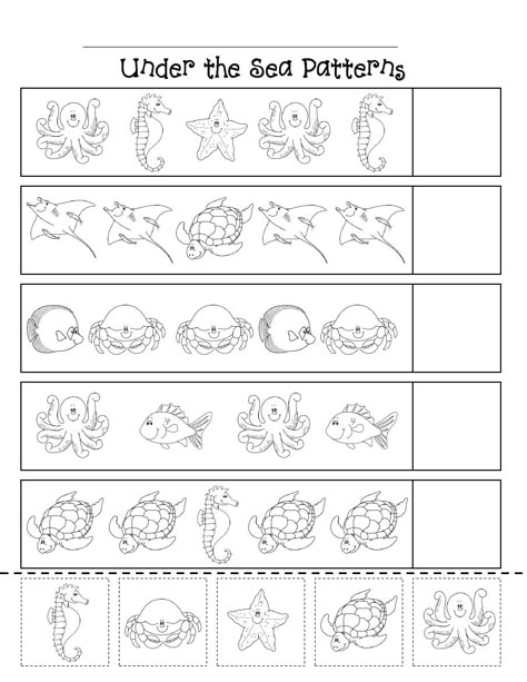 Ocean Patterns | Scribd Ocean Patterns Preschool, Ocean Themed Worksheets Preschool, Ocean Animal Worksheets, Ocean Worksheets, Ab Pattern Worksheet, Animals Kindergarten, Ocean Animals Preschool, Ocean Patterns, Pattern Worksheets For Kindergarten