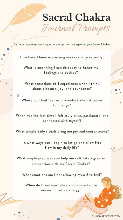 Do you often feel blocked spiritually, creatively, or sexually? Here are 50 stimulating, thought-provoking questions that will allow you to dive deeper into exploring your Sacral Chakra. #sacralchakra #chakra #chakrahealing #meditation #chakrabalancing #chakraalignment #chakrawork #chakrabalance #womenscircle #shadowwork #chakrabalancing #crystals #crystalworkshop #chakracrystals #chakraworkshop #selflovetips Sacral Chakra Healing Journal Prompts, Sacral Chakra Shadow Work, Sacral Chakra Shadow Work Prompts, How To Heal Sacral Chakra, Sacral Chakra Blockage, Solar Plexus Journal Prompts, Sacral Chakra Journal Prompts, Chakra Worksheet, Chakra Questions