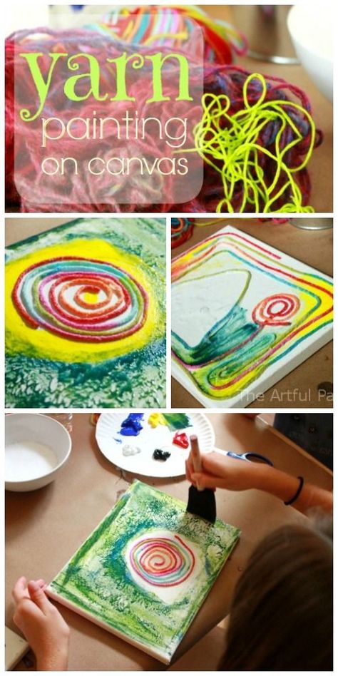 How to do yarn painting on canvas using glue-soaked yarn or string and painting as you go. This is a fun art activity for any age! Canvas Painting Preschool, Yarn And Glue Crafts, Yarn Painting Art Canvases, Tempera Paint Sticks Projects, Yarn Art On Canvas, Yarn Pictures, Yarn Painting Art, Paintings For Kids, Preschool Painting