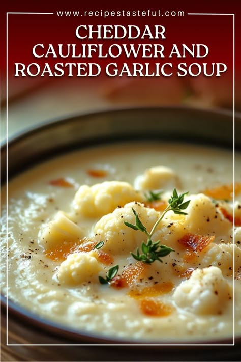 A creamy and comforting soup made with roasted garlic, sharp cheddar cheese, and tender cauliflower. Perfect for chilly days and guaranteed to please the whole family! Cheddar Cauliflower And Garlic Soup, Roasted Cauliflower And Garlic Soup, Garlic Cheddar Cauliflower Soup, Creamy Cheddar Cauliflower And Roasted Garlic Soup, Roasted Garlic And Cauliflower Soup, Cauliflower Garlic Soup, Cheddar Cauliflower Roasted Garlic Soup, Coliflower Recipes Soup, Recipes Using Cheddar Cheese