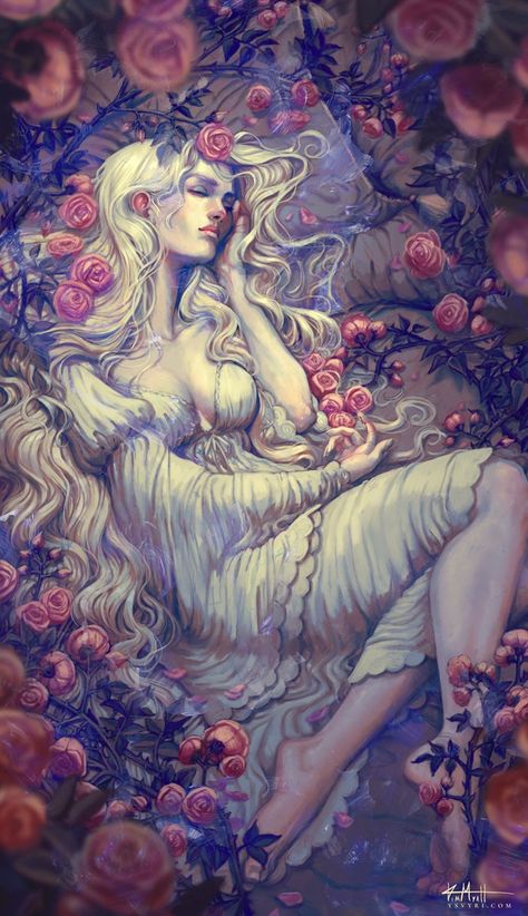 Kim Myatt, Sleeping Beauty Characters, Sleeping Beauty Art, Beauty Paintings, Female Drawing, Women Flower, Art Women, Flower Artwork, Mythology Art