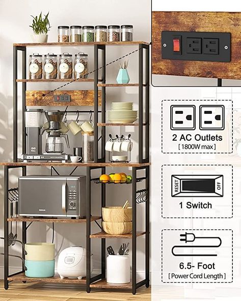 Bakers rack! Creative and considerate design, 2 AC outlets and 1 air switch, microwave, coffee or bread maker... all can be charged on it. No more tangled wires annoy you. Your tidy and well-organized kitchen will come back. Organiser Cucina, Microwave Rice, Baker's Rack, Coffee Bar Station, Microwave Stand, Storage Cubes, Kitchen Storage Shelves, Bakers Rack, Utility Storage