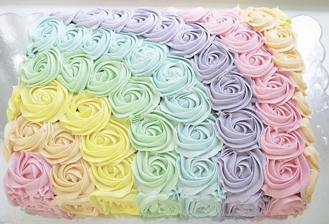 Rosette Sheet Cake, Baby Shower Sheet Cakes, Cake Decorating For Kids, Barney Birthday, Cake Designs For Girl, Sheet Cake Designs, Rainbow First Birthday, 1st Birthday Girl Decorations, Birthday Sheet Cakes