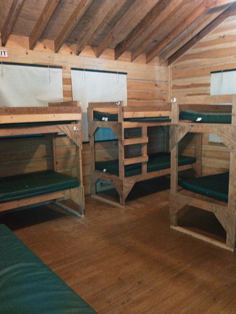 Summer Camp Cabins, Bunk Bed Aesthetic, Aesthetic Bunk Bed, Camp Cabins, Cabin Bunk Beds, 4 Bunk Beds, Summer Camp Aesthetic, Camping Room, Summer Cabins