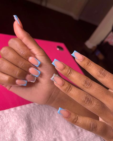 Spring Nail Ideas Short Square, Short Box Nails Designs, Blue Birthday Nails Short, Short Hard Gel Nails Design, Blue French Tip With Gems, Blue Nail Designs With Rhinestones, Blue Grad Nail Ideas, Back To School Nails Acrylic Short Blue, Light Blue Nails Birthday