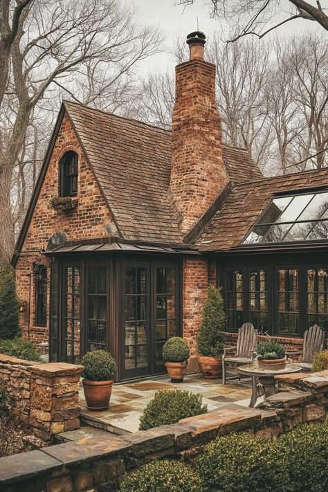 Modern Tudor Decor, Stone Cottage Homes Exterior, Houses With Slate Roofs, Modern Cottage Architecture, Large English Cottage House Plans, Cabin Cottage Exterior, Grey Brick Exterior House, Cottage New Build, Small Stone Cottage House Plans