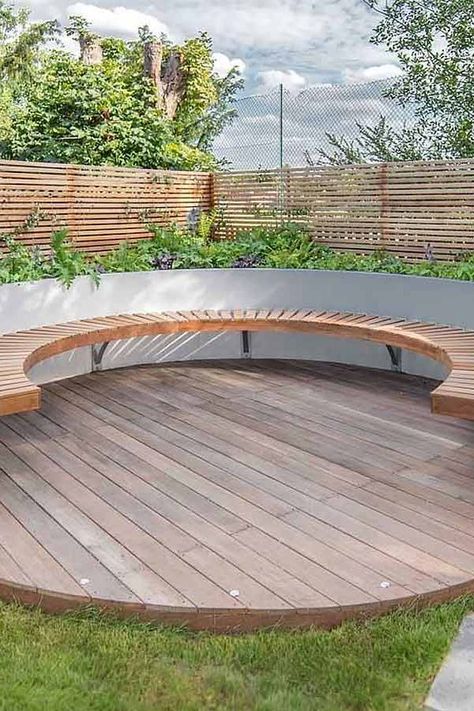 Round Bench Seating, Curved Outdoor Seating, Curved Decking, Backyard Extension, Circle Bench, Circular Bench, Oval Bench, Slope Garden, Garden Pergolas