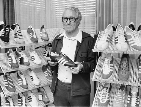 Adolf Dassler 70s Products, Savile Row Suit, Adolf Dassler, Adidas Soccer Shoes, Adidas Art, Jesse Owens, Retro Trainers, Adidas Shoes Originals, Adidas Retro