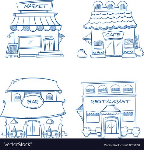 Buildings Illustration, Sketch Restaurant, Vector Doodle, Building Sketch, Building Illustration, Shop Illustration, Art Painting Gallery, House Drawing, Christmas Drawing