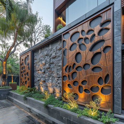 Dynamic Duo of Wood and Stone in Compound Wall Designs • 333+ Art Images Compound Wall Designs, Kolam Koi, Compound Wall Design, Garden Wall Designs, Eksterior Modern, Stone Wall Design, Wall Fence, Compound Wall, Boundary Walls