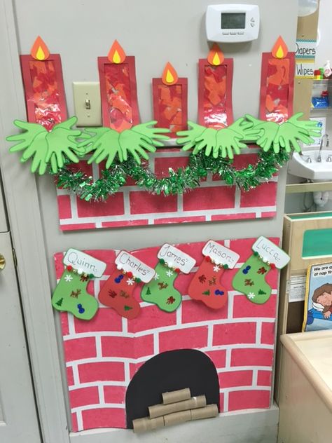 Chimney For Classroom, Chimney Classroom Decoration, Construction Paper Fireplace, Fireplace Bulletin Board Ideas, Paper Fireplace For Classroom, Paper Chimney, Christmas Chimney Decor, Grinch Classroom, Thanksgiving Luncheon