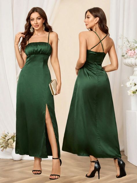 Vestido de Dama de Honra Formal Verde Esmeralda Elegante de Cetim com Alças Inferiores Reveladora de Pernas e Decote Traseiro Cruzado Verde Escuro   Sem Mangas Tecido Simples Justo Não elástico  Weddings & Events, size features are:Bust: ,Length: ,Sleeve Length: Emerald Dress, Emerald Dresses, Bridesmaid Dresses With Sleeves, Green Bridesmaid, Green Bridesmaid Dresses, Clothes Patterns, Inspiration Mode, Clothing Patterns, Colorful Leggings