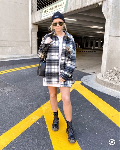 Shacket And Dress Outfit, Dress With Combat Boots, Outfit Ideas With Boots, T Shirt Dress Outfit, Shirt Dress Fall, Shirt Dress Outfit, Plaid Shacket, Reclaimed Vintage, Dress Outfit