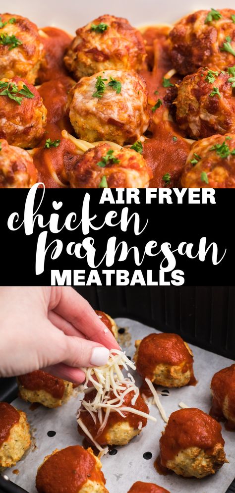 Air Fryer Chicken Parmesan Meatballs are a delicious meal that will disappear FAST right before your eyes. Made with ground chicken breast, breadcrumbs, parmesan cheese, mozzarella cheese, and more. You'll love how quick and easy this recipe is and your family and guests will devour it. Air Fryer Chicken Parmesan, Chicken Rotisserie, Sleeve Recipes, Fried Recipes, Chicken Parmesan Meatballs, Bariatric Sleeve, Cheese Mozzarella, Parmesan Meatballs, Fry Chicken