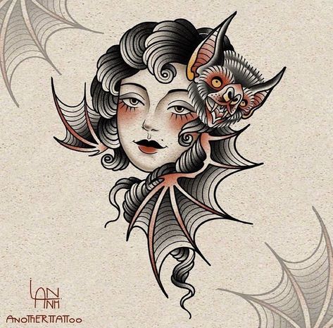 Traditional Tattoo Girls, Tattoo Old School, Bat Tattoo, Spooky Tattoos, Old School Tattoo Designs, Traditional Tattoo Design, Pin Up Tattoos, Traditional Tattoo Art, Tattoo Portfolio