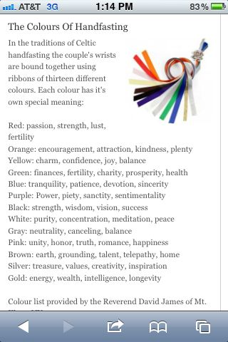 Great guide to what the colors represent for the handfasting cord. I think I want our wedding colors to be black, silver, and blue. Gotta run that by him though. Viking Handfasting, Universal Spirituality, Scottish Traditions, Pagan Handfasting, Wedding Scottish, Handfasting Wedding, Wiccan Wedding, Handfasting Ceremony, Handfasting Cords