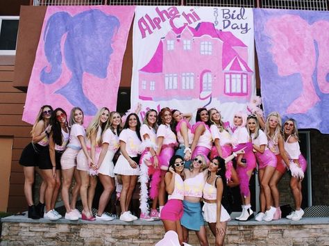 Barbie Bid Day Theme, Boomerang Shows, Barbie Sorority, Barbie Bid Day, Cursive W, Red Mini Dresses, Sorority Aesthetic, Y2k Barbie, Sorority Banner