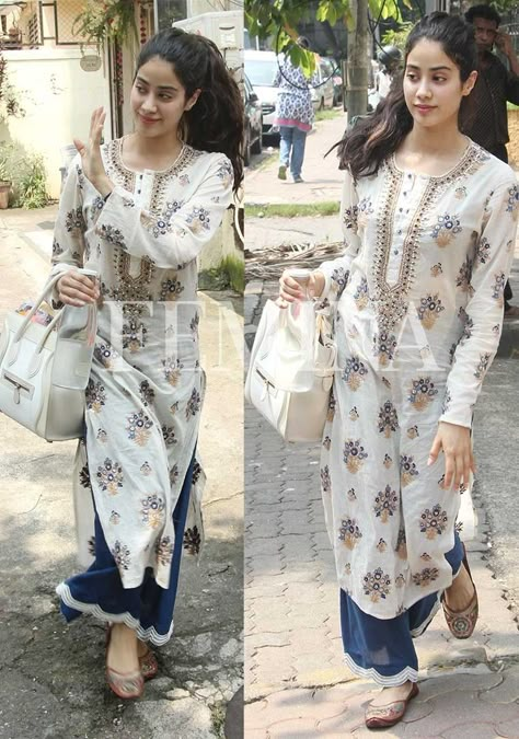 Janvi Kapoor, Jhanvi Kapoor, Kurta With Palazzo, Indian Kurti Designs, Fest Outfits, Janhvi Kapoor, Indian Designer Suits, Casual Indian Fashion, Salwar Kamiz