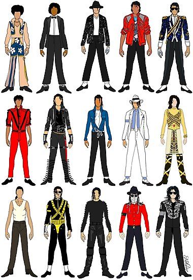 In honor of  MJ who is one of my favorite icons of pop music I have spend a month working on my favorite iconic wardrobe. If you recognize any do comment! :) Custom Background colors and inquires are available upon request. / This is the Version of the outfits in chronological order. / Version of o… • Millions of unique designs by independent artists. Find your thing. Michael Jackson Thriller Costume, Michael Jackson Party, Thriller Michael Jackson, Michael Jackson Costume, Michael Jackson Outfits, Pop Art Costume, Monster Manga, Michael Jackson Drawings, Michael Jackson Dance